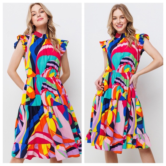03 Chic Multi Color Ruffled Sleeve Tiered Midi Dress - Picture 3 of 5